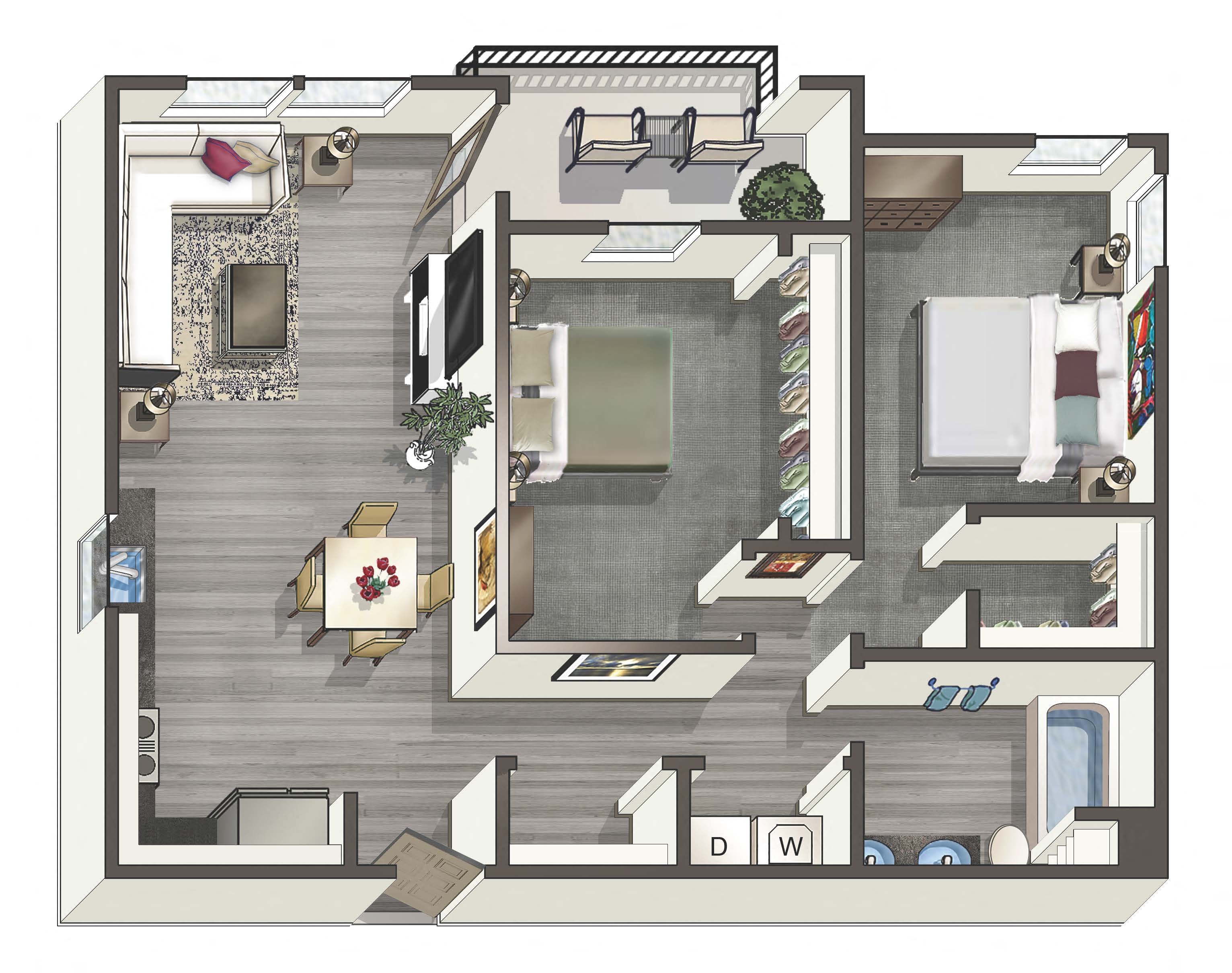 Floor plan for 2 beds, 1 bath, 941 sqft